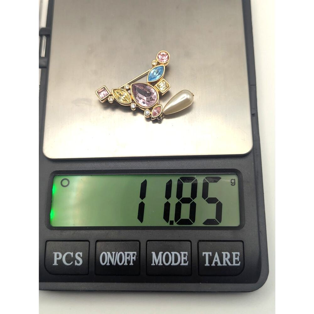 SWAROVSKI Vintage Gold Tone Pastel Crystal Faux Pearl Dangle Brooch Pin 2in - Picture 9 of 9
